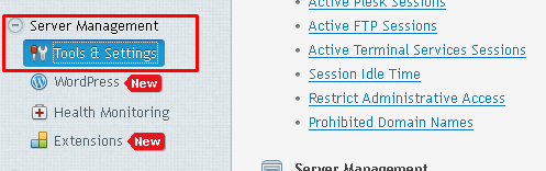 Plesk window highlighting the Server Management Section
