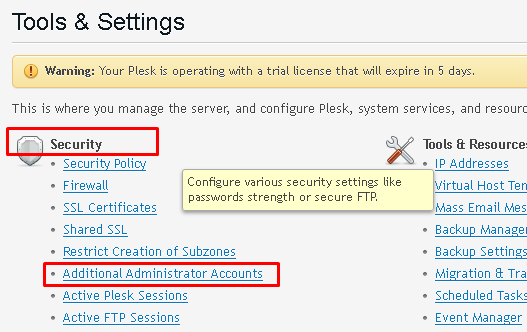 Tools & Settings window highlighting Security and the "Additional Administrator Accounts" options