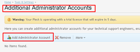 Additional Administrator Accounts page highlighting the "Add administrator account" button
