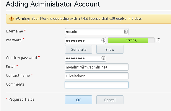 Adding Administrator Account window showing spaces for username, password, email, and other contact information