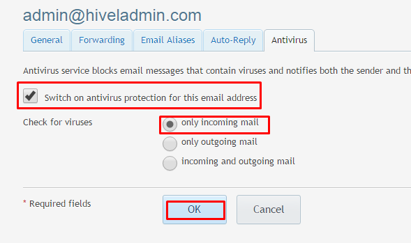 click on switch on antivirus protection for this email and check the only incoming mail button. 