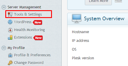 In Plesk, Server Management, select Tools & Settings button 