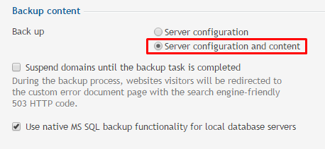 Select Server Configuration and content. Click on the OK button to start the backup.
