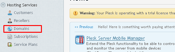 Plesk dashboard highlighting the "Domains" option under the "Hosting Services" section.