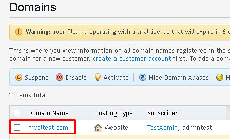 Domains section of Plesk, showing all active domains on the server and highlighting a sample domain.