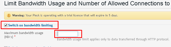 The Limit Bandwidth Usage screen highlighting the form field for setting the maximum bandwidth limit.