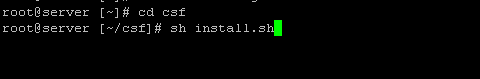 Command line showing the sh install.sh command, used to install CSF