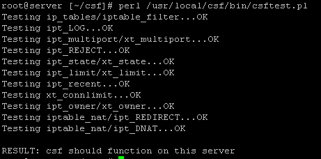 Command line showing the perl /usr/local/csf/bin/csftest.pl command used to check iptables modules