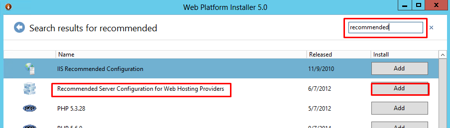 Select Recommended Server Configuration for Web Hosting Providers and then click Add. Screenshot highlighted in red 