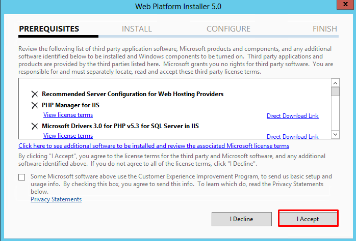 Prerequisites for web platform installer 5.0 and then red box highlighted for the user to press I Accept. 
