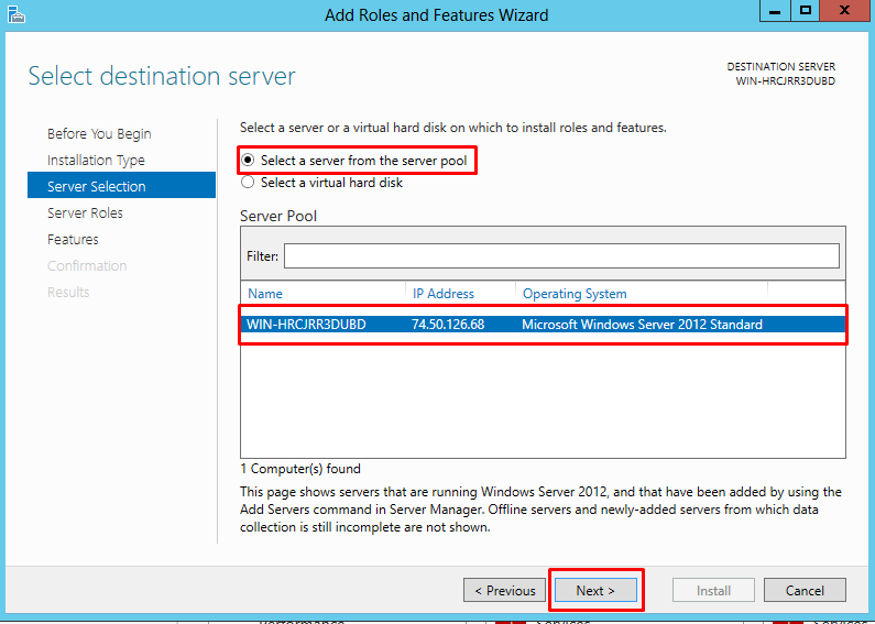 Select destination server window highlighting the option to "Select a server from the server pool"
