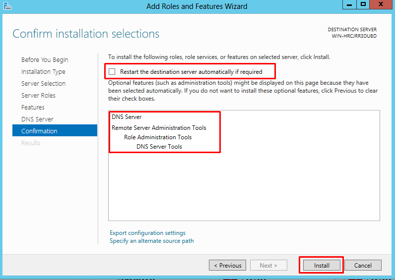 Confirm installation selections screen highlighting the option to "Restart the destination server automatically if required"