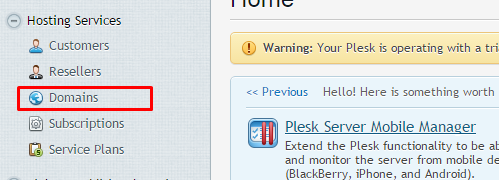 Window showing the Plesk main page and highlighting the "Domains" option under the "Hosting Services" tab.