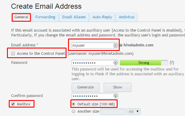 Create Email Address Important details highlighted in red 