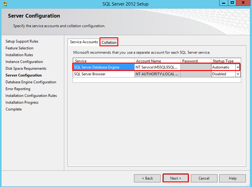 SQL Server 2012 Server Configuration page with "Collation" tab highlighted
