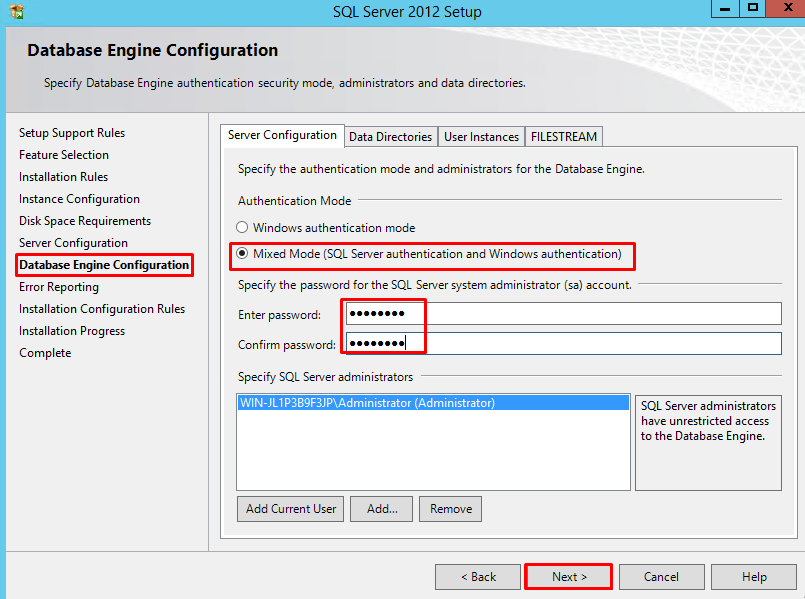SQL Server 2012 Database Engine Configuration page