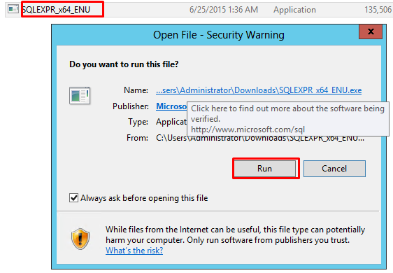 Screenshot of SQL Server 2012 Express Installation window with "Run" button selected
