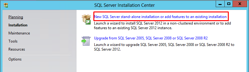 SQL Server Installation Center window with "New SQL Server Installation" highlighted