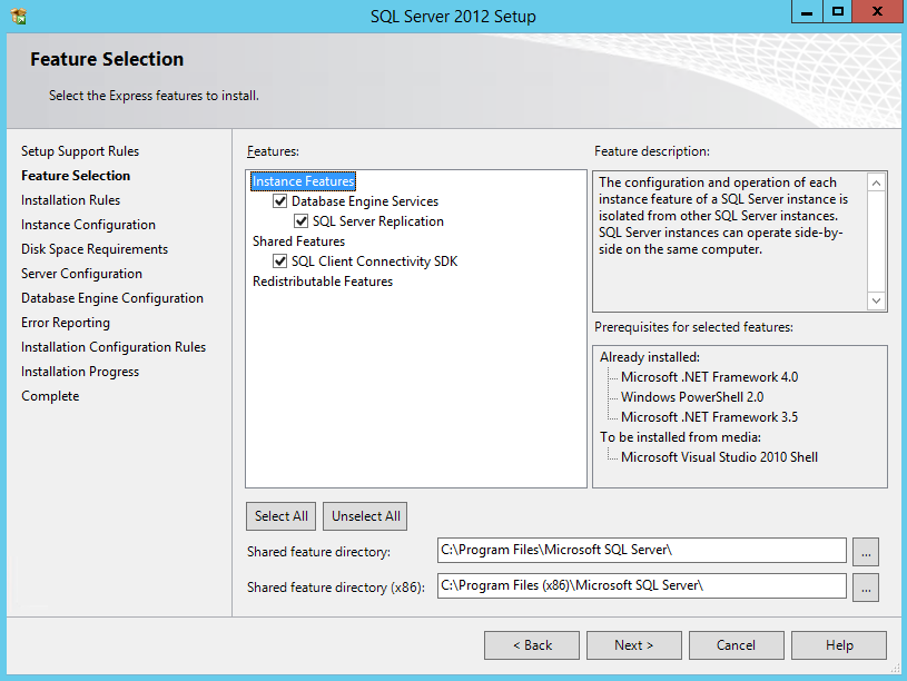 SQL Server 2012 Express setup page showing feature options and descriptions