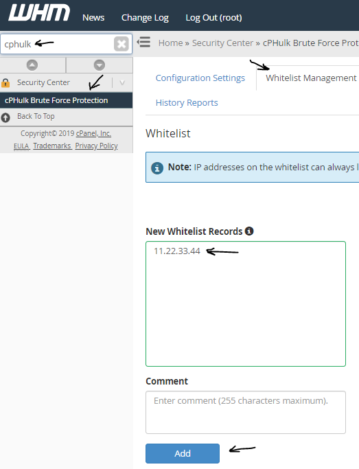 WHM panel showing search term "cphulk", cPHulk Brute Force Protection, Whitelist Management tab, and IP address entered under "New Whitelist Records"