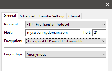 Filezilla connection configuration settings screen showing entered hostname