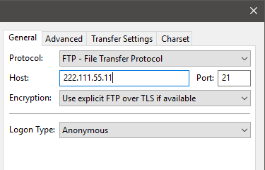 Filezilla connection configuration settings screen showing entered IP address