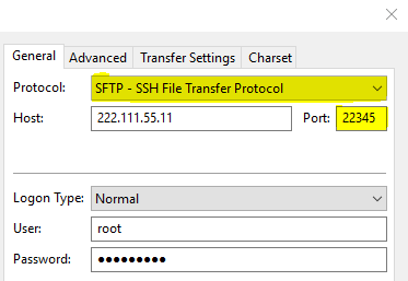 Filezilla connection configuration settings screen showing SFTP with IP address