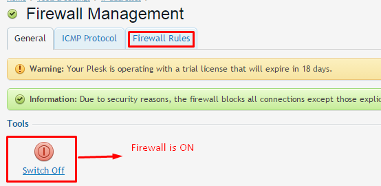 Firewall Rules under Firewall Management in Plesk 