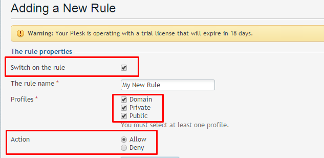 Selecting the profiles and actions for adding a new rule in Plesk 