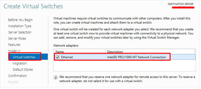 Screenshot to select network adapter for virtual switches. Then click Next button