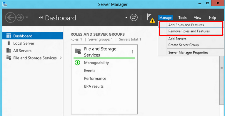 Server Manager screen highlighting the "Add Roles and Features" option under the Manage tab