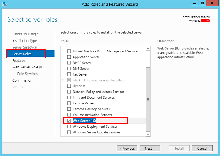 Server Roles screen highlighting the "Web Server (IIS)" option from the list of available roles