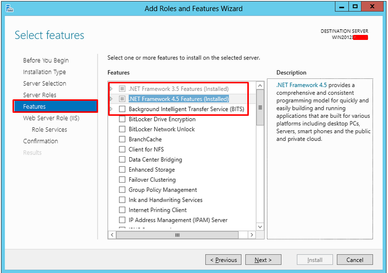 Features screen highlighting the default options for installing IIS