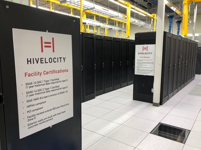Hivelocity server room with posted facility certifications