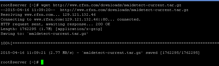 Terminal window showing the results of the "wget https://www.rfxn.com/downloads/maldetect-current.tar.gz" command