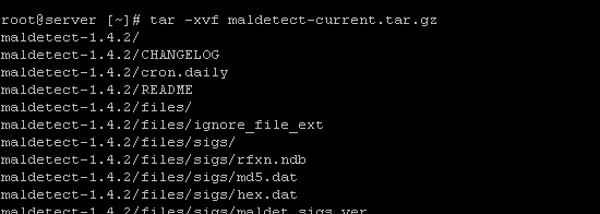 Terminal window showing the files unpacked after using the "tar -xvf maldetect-current.tar.gz" command