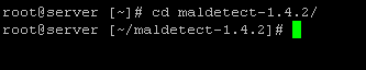 Terminal window showing the "cd maldetect-1.4.2" command being used to move into the Maldet directory