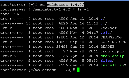 Terminal window showing the contents of the Maldet directory using the list command