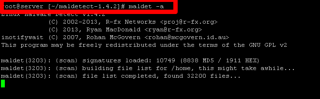 root server showing [~/maldetect-1.4.2] #maldet - a