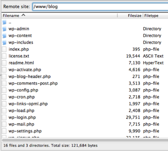 Screenshot showing wordpress files uploaded to the public_html folder