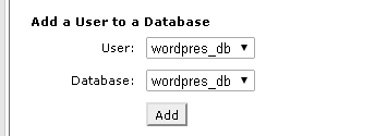 Screenshot of the MySQL dashboard showing the Add a User to a Database option