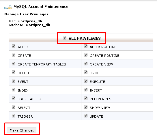 MySQL Account Maintenance, showing the option for All Privileges