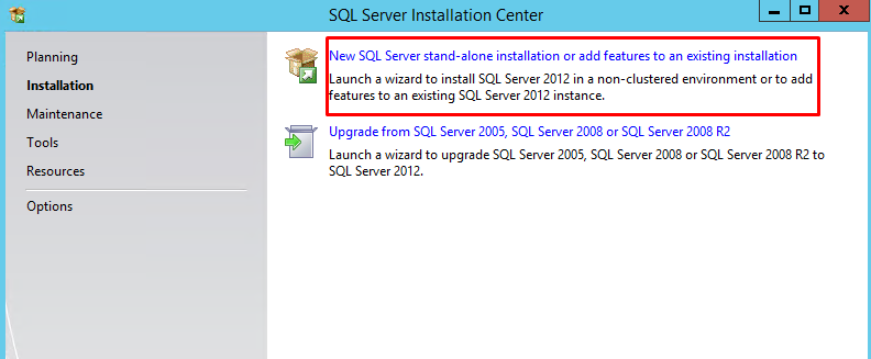 SQL Server Installation Center window with "New SQL Server installation" highlighted