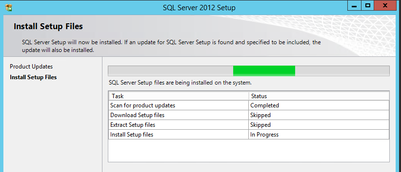 Window showing SQL Server 2012 setup files installation progress bar 