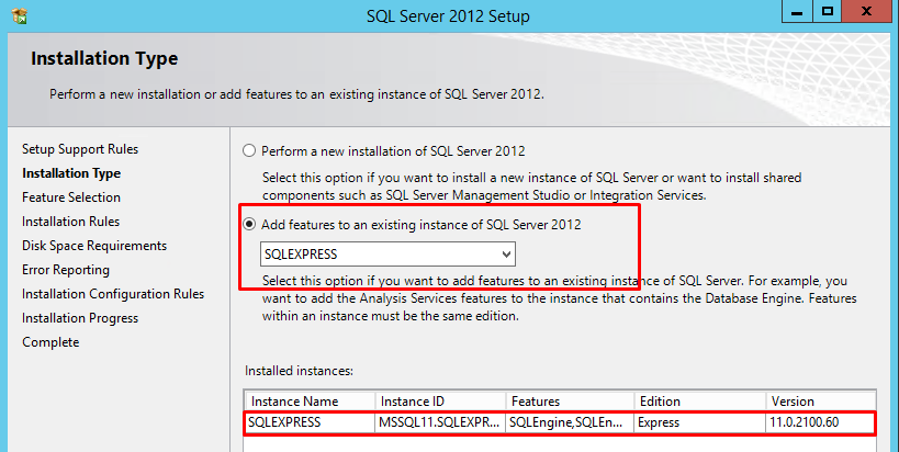 Window highlighting the SQLEXPRESS installation option