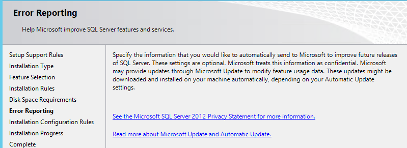 Error Reporting options on SQL Server Management Studio 2012