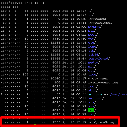 Screenshot of the command line highlighting the newly created MySQL database backup file