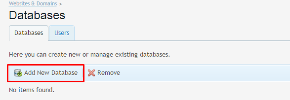 Databases tab with add new database button circled