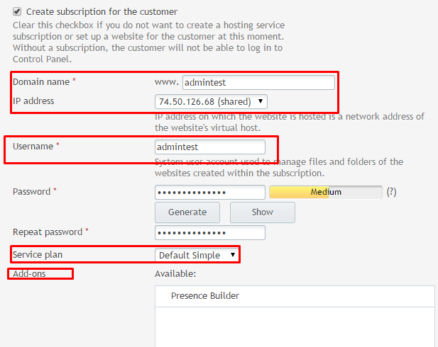 Image of creating a subscription with red highlighted important parts. 