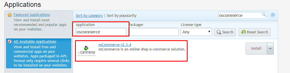 In the Application search window type “oscommerce” click on search button and see the search results screenshot 